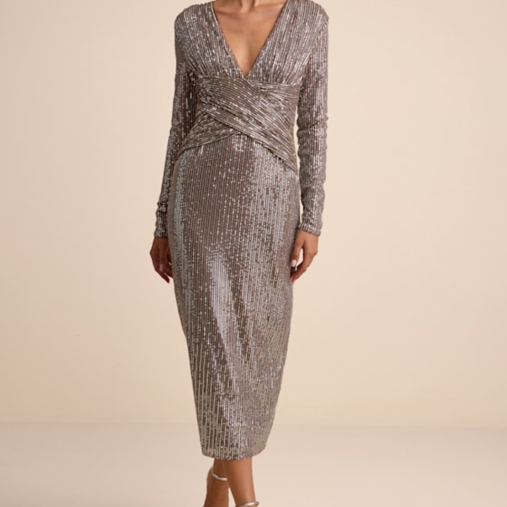 Lulus Helena Brown And Silver Sequin Long Sleeve Midi Dress - Size M